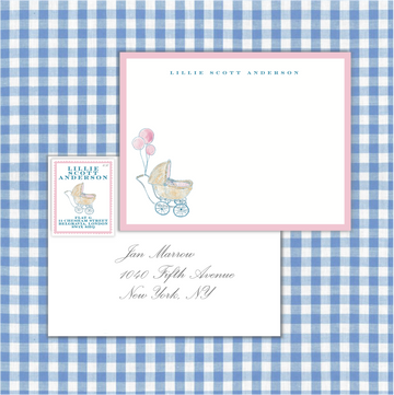 Baby's First Stationery and Return Address Stamps with wicker buggy pram by Laura Vogel Design