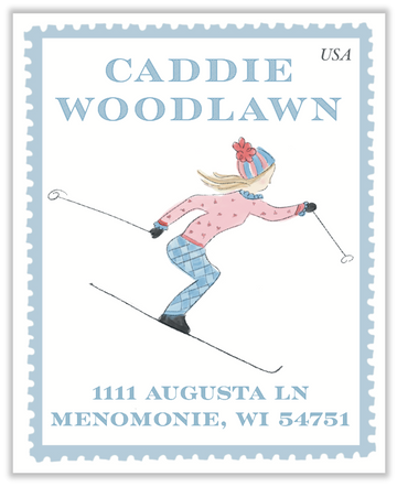 Skier Girl Return Address Label Stamps by Laura Vogel Design