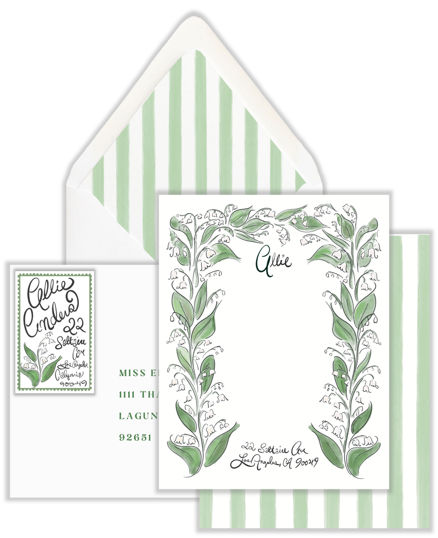 Climbing Lily of the Valley Stationery with Custom Calligraphy, Return Address Labels, and Striped Envelope Liners