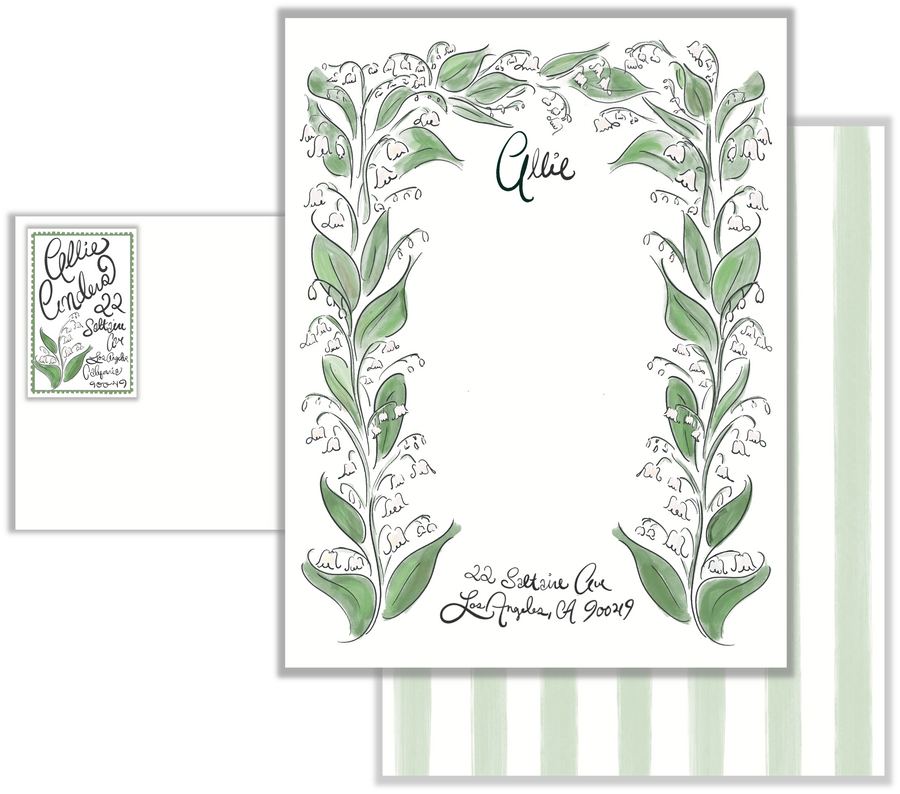 Climbing Lily of the Valley Letterhead with Custom Calligraphy and Return Address Label