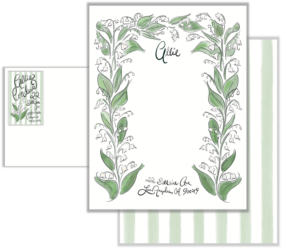 Climbing Lily of the Valley Custom Letterhead, Calligraphy, and Return Address Label by Laura Vogel Design