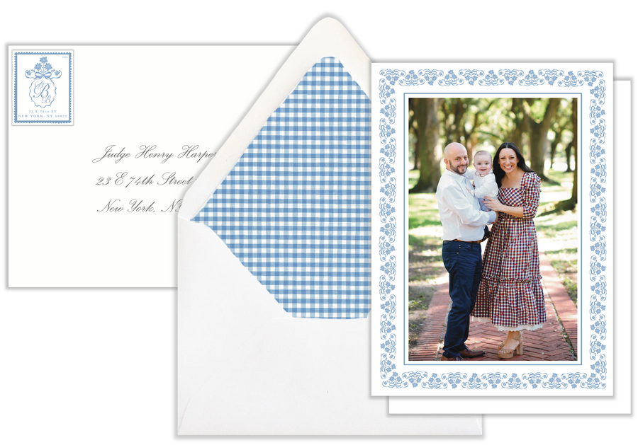  Something Blue Poinsettia Holiday Photo Card Set - Monogram Return Address Label & Gingham Envelope Liner (Euro Flap)