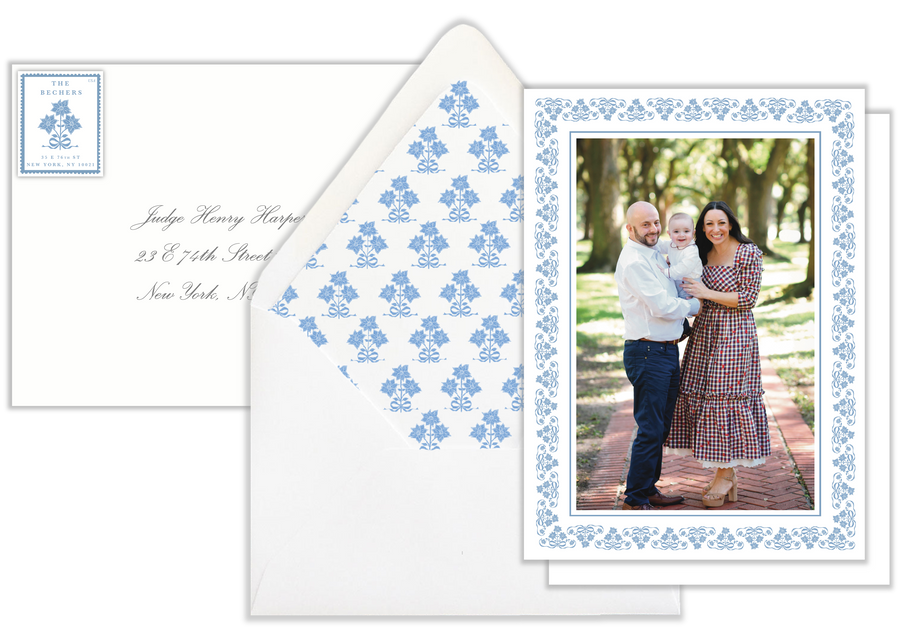  Something Blue Poinsettia Holiday Photo Card Set - Floral Return Address Label & Floral Envelope Liner (Euro Flap)